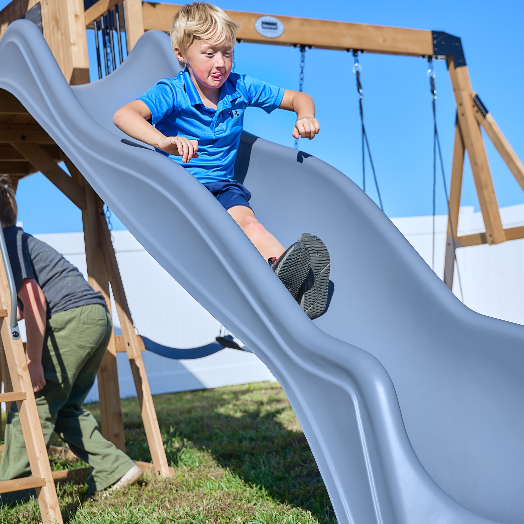 Backyard Discovery Dover Bay Spruce Swing Set, Tube Slide, Clubhouse, Rock Wall