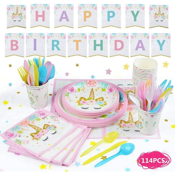 114 piezas de platos desechables de unicornio para cumpleaños, 16 juegos de platos desechables biodegradables, pancartas, platos, vasos, vajilla, servilletas y manteles, decoraciones para fi JFHHH pequeña