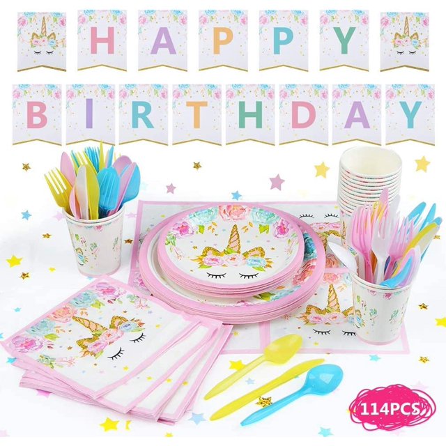 114 piezas de platos desechables de unicornio para cumpleaños, 16 juegos de platos desechables biodegradables, pancartas, platos, vasos, vajilla, servilletas y manteles, decoraciones para fi JFHHH pequeña