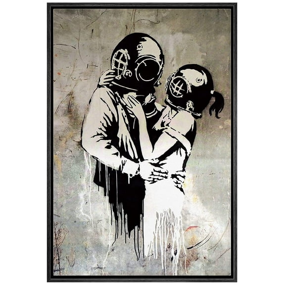 wall26 Framed Canvas Print Wall Art Banksy British Artist Deep Sea Diver Lovers Spray Paint Graffiti & Street Art Urban Illustration Modern Art Boho for Living Room, Bedroom, Office - 16"x24