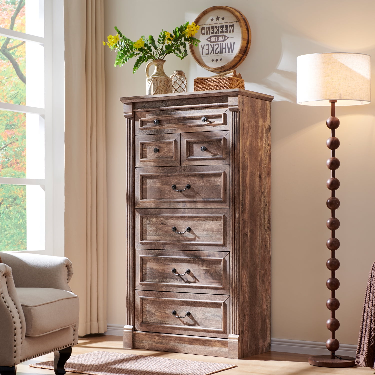 wow97e Farmhouse 7 Drawers Dresser for Bedroom, 57" Tall Wooden Chest of Drawers w/Roman Column, Storage Dressers for Hallway, Living Room