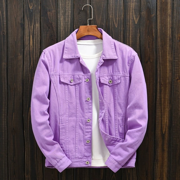 Jean Jacket Men Vintage Casual Slim Fit Long Sleeved Distressed Denim Jackets Fashion Stand Collar Streetwear Fall Winte Trucker Jean Coat With Pocket Purple L