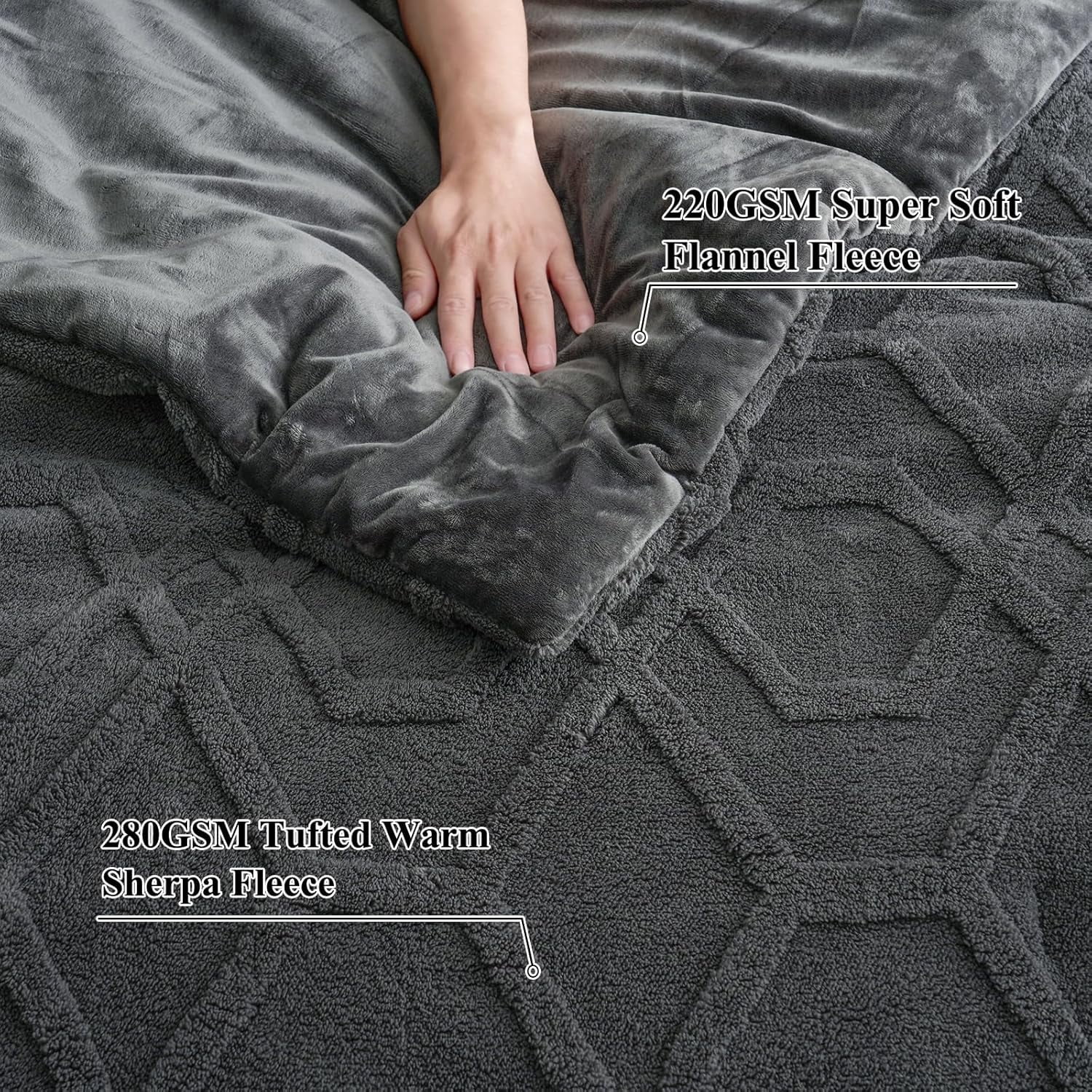 PHF Warm Sherpa Fleece Queen Comforter Set, 3D Tufted Fluffy Dark Grey Bedding for Winter, Soft 3 Pieces Shaggy Bed Set, 1 Comforter (90"x90") and 2 Pillowcases (20"x26")
