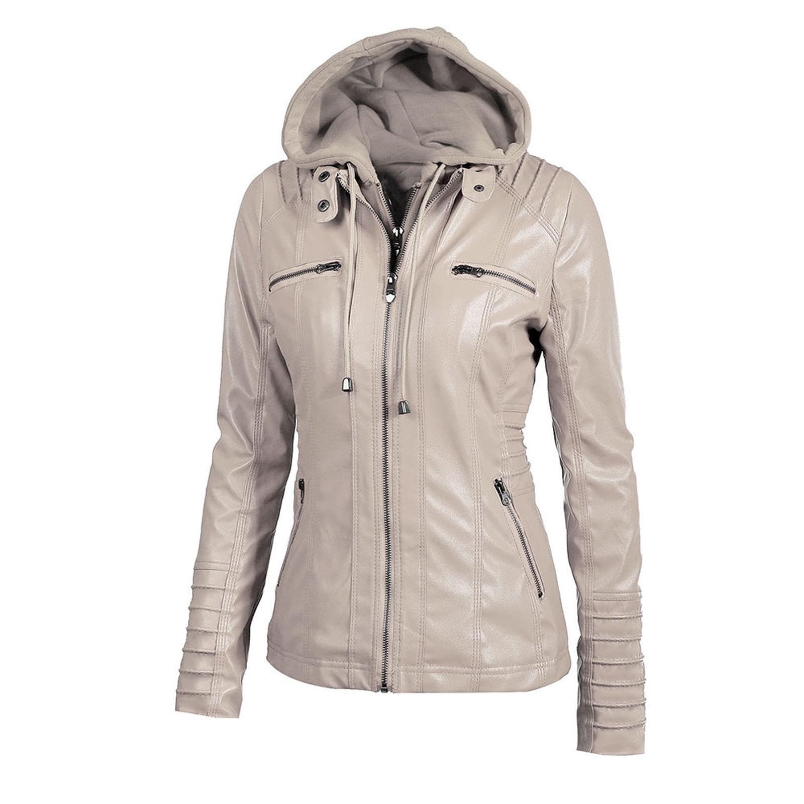 IROINNID Women's Faux Leather Jacket Hooded Long Sleeve Casual Biker Zip Up Jacket,Beige