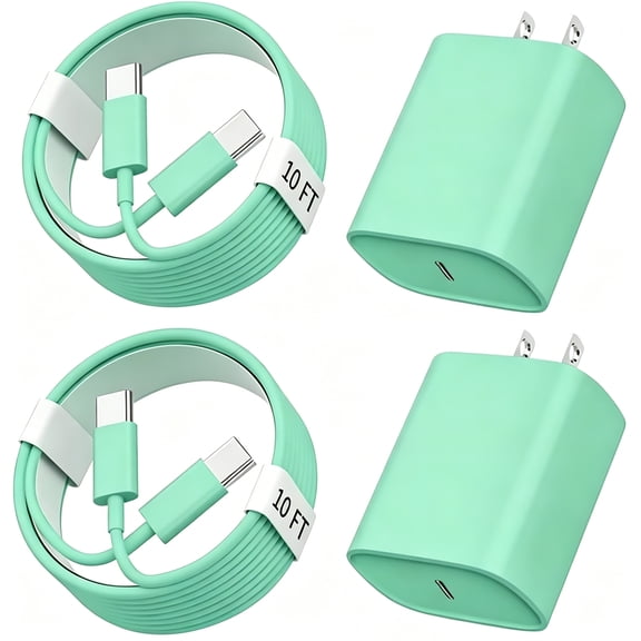 2 Pack 20W USB-C Fast Charger Block & 3m/10ft Cable for i Phone 15/16/17 Series, green