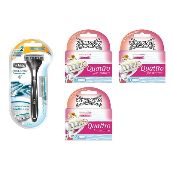 Schick Quattro Titanium 1 Razor with 2 Refill Blades and Wilkinson Quattro for Women Refill Blades, 9 count