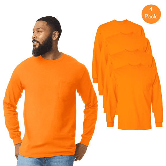 Gildan Ultra Cotton Long Sleeve Pocket T-Shirt, Men's Crew Neck Hi-Vis Safety Orange Tee 4-Pack, S