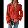thumbnail image 3 of Blusas de con Lunares, Estilo Bohemio, de Larga y Cuello en V para Mujer, con Encaje de Ganchillo, Estilo Informal y Moderno Rojo XL, 3 of 9