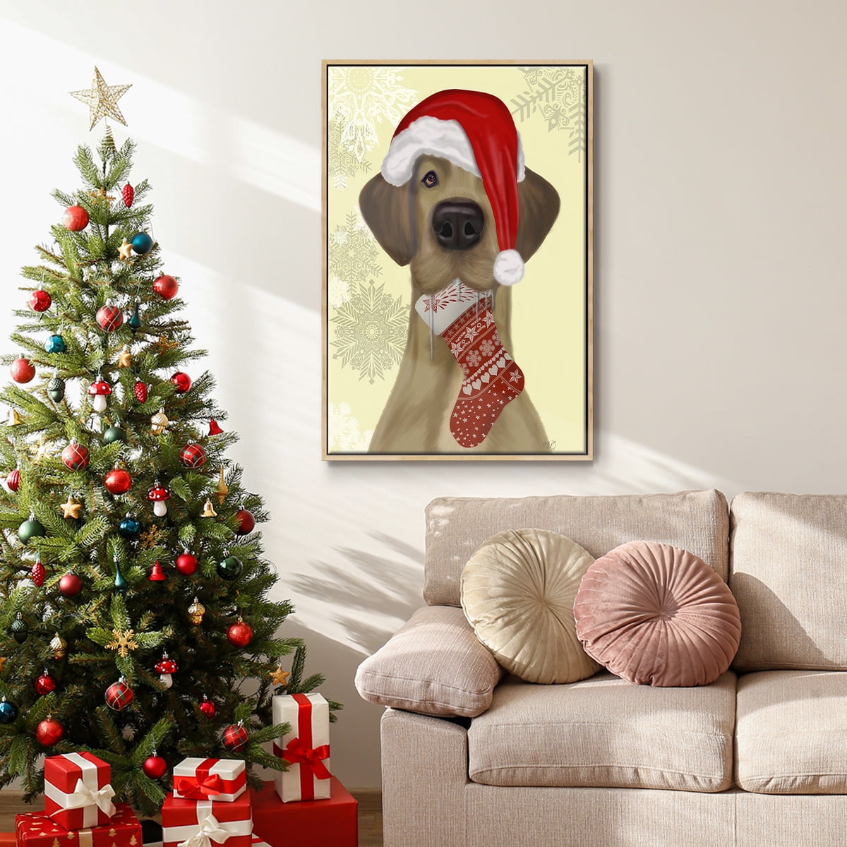 Christmas Drooly Christmas Dane - Framed Gallery Wrapped Holiday Canvas - 27 x 41 - Natural Wood Frame