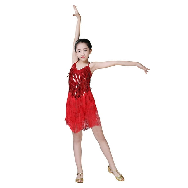 FhsagQ Robes Robes de Noël pour Filles 10-12 Robe à Paillettes Élégante pour Enfants Robe de Danse Latine Robe de Spectacle à Franges Robe de Compétition sur Scène Rouge 4-5 Ans