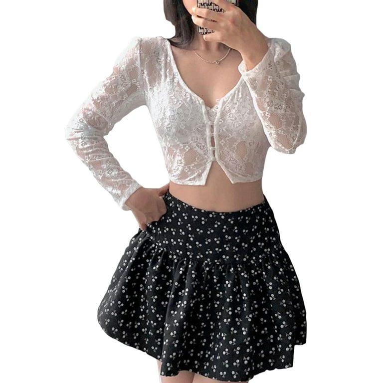 Kayotuas Women's Sheer Floral Lace Shrug Top Long Sleeve Open Front Crop  Tops