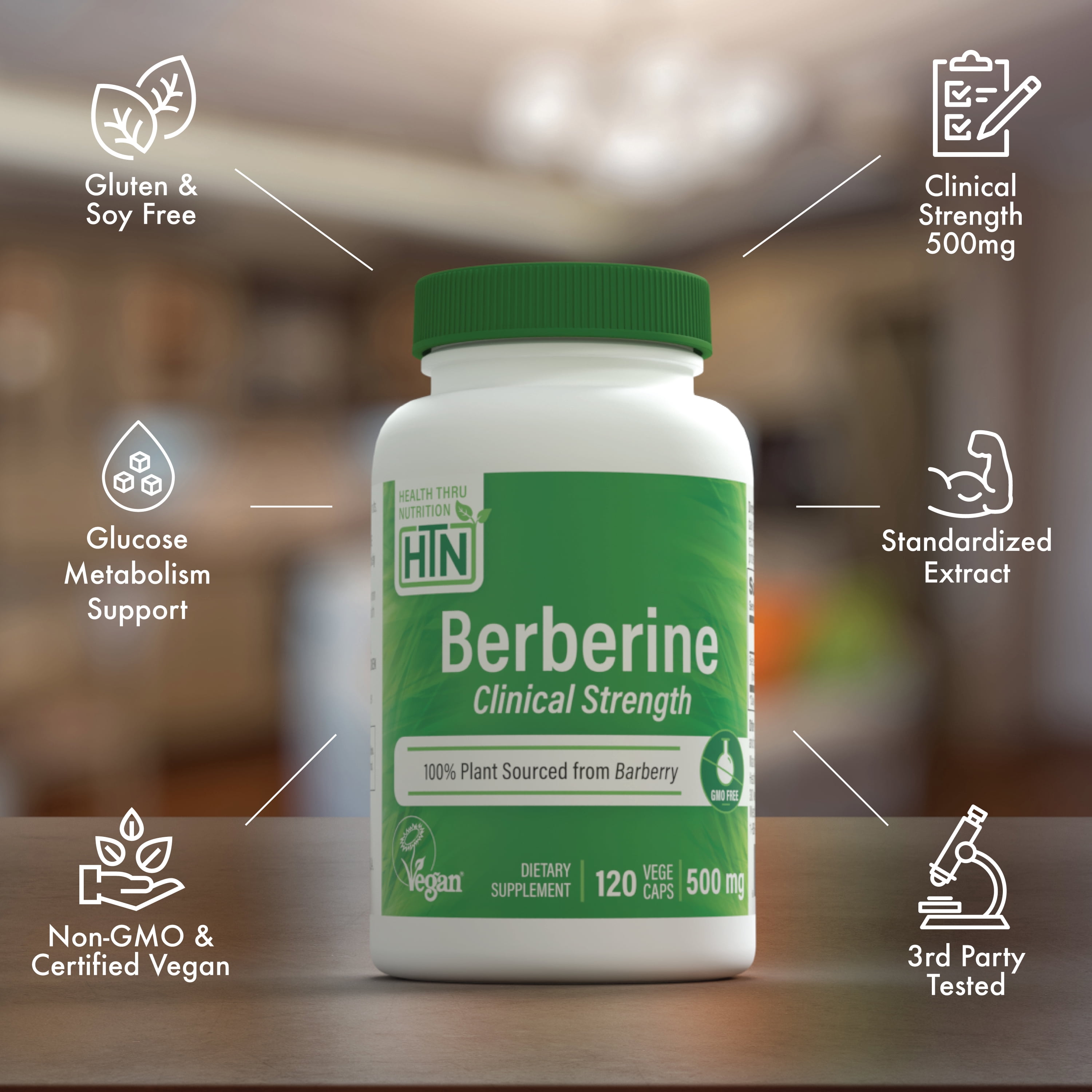 Berberine HCl 500mg  Vegan Certified | Clinical Strength - 120 Vegecaps | Blood Sugar Support | 3rd Party Tested | All Plant Extract | Non-GMO, Gluten Free, Soy Free | by Health Thru Nutrition