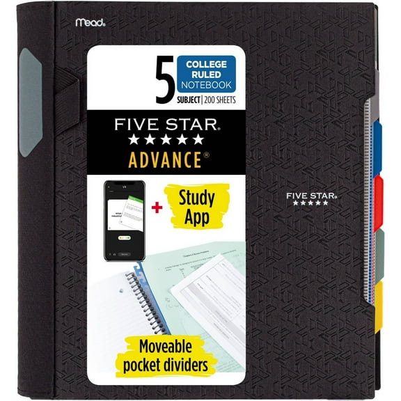 Five Star 200 Sheets 5 Subject College Ruled Spiral Notebook with Pocket Dividers Black: Lined Paper, 3 Hole Punched