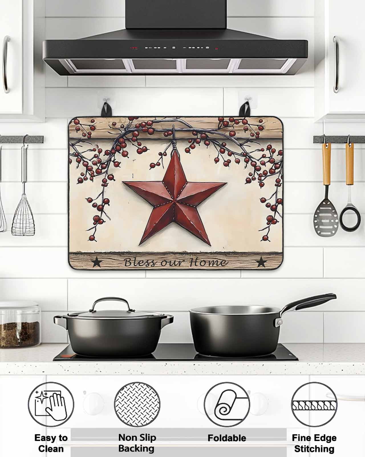 Stove Top Covers for Electric Stove, Red Texas Star Rustic Glass Stovetop Cover Protector, Country Star Berries Wooden Induction Cooktop Protector Oven Mat for Kitchen Countertop 24"x21"