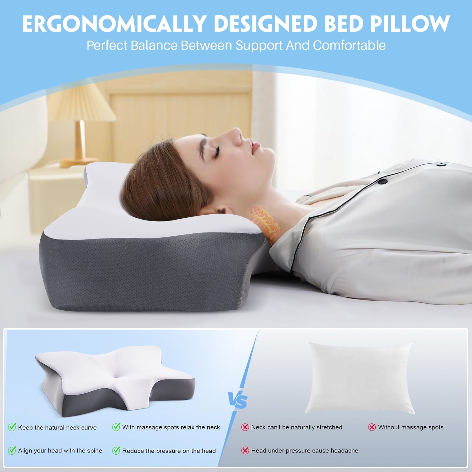MOONORAH Cervical Memory Foam Pillow Neck Bed Pillow for Pain Relief Sleeping, Ergonomic Orthopedic for Side Back and Stomach Sleepers with Breathable Pillowcase, Queen Size 25" x 16.5" x 5.5" Gray