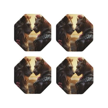 

Leather Coasters Set of 4 - Romantic Flower Lion Couple Lightweight Non-Slip Drink Coasters for Desk Anti-Scalding Desk Cup Coasters for Office Table Decor Octagon