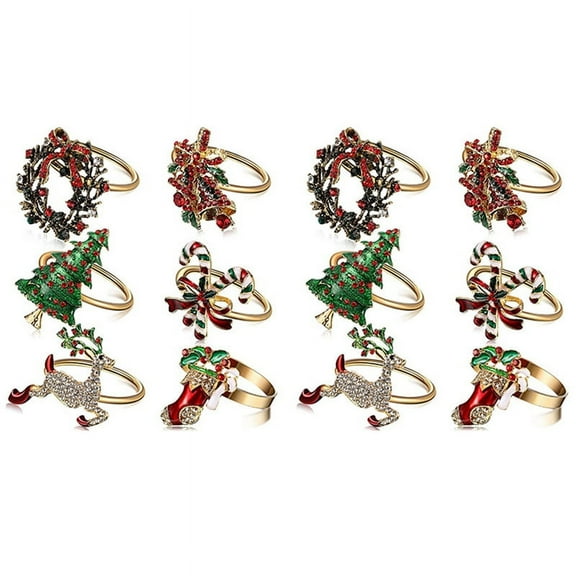 12Pcs Christmas Napkin Rings Xmas Napkin Holder Rings Wreath for Holiday Party Dinner Table Decoration