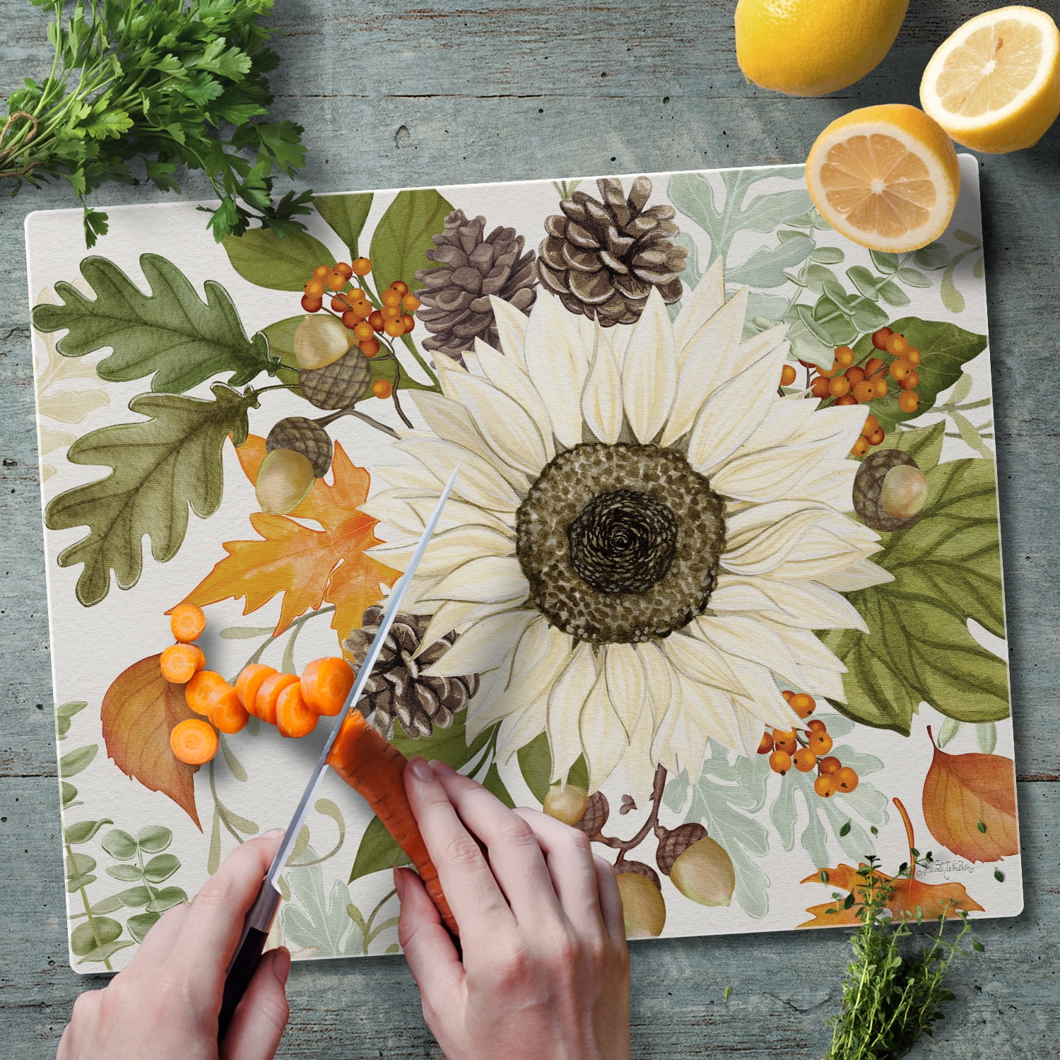 CounterArt Fall Leaves & Acorns 3mm Tempered Glass Cutting Board 15" by 12"
