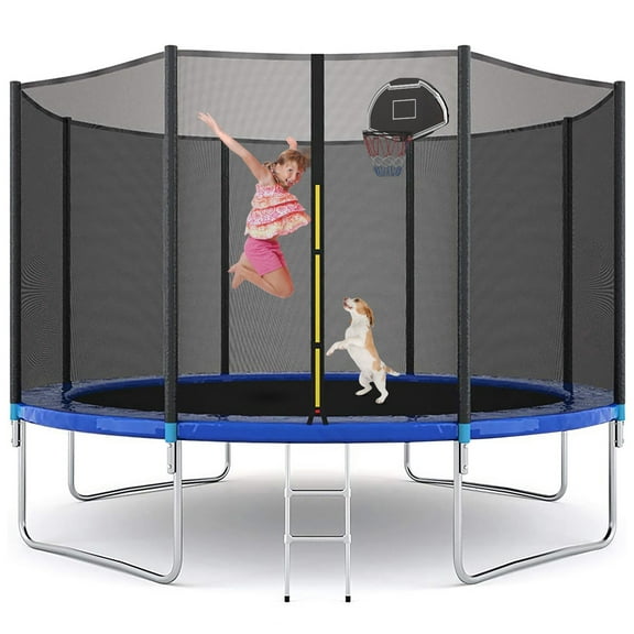 12FT Trampoline for Kids, Outdoor Trampoline with Enclosure and Basketball Hoop, Heavy-duty Trampoline for 6~8 Kids, with Ladder, 360° Net