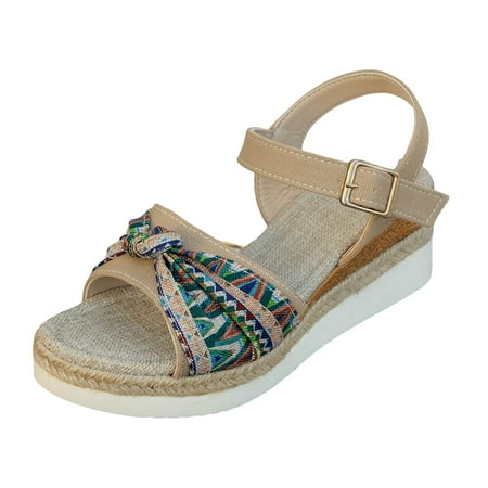 

ZHAGHMIN Women s Sandals with Arch Support Women s Wedge High Heel Sandals Casual Fashion Printed Weave Sole Open Toe Buckle Strap Sandals Beige Size8