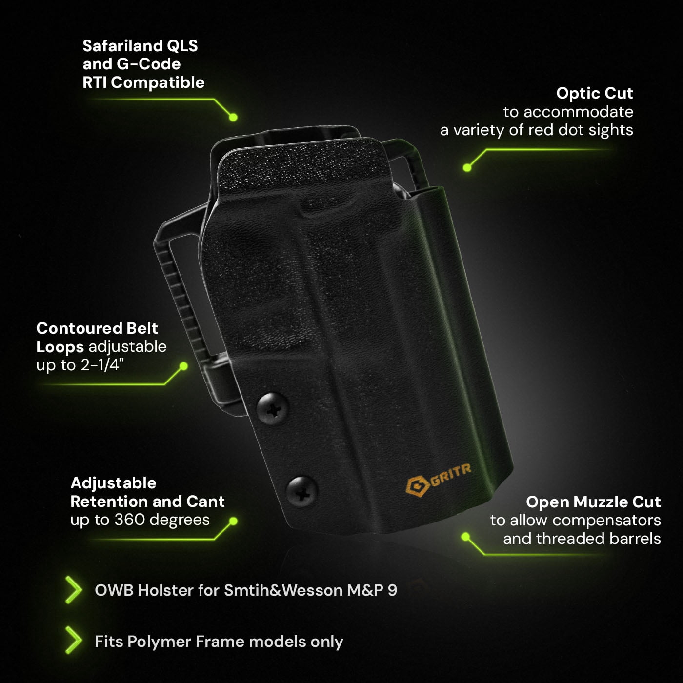 GRITR OWB Kydex Right Hand Pistol Holster Fits Smith & Wesson M&P9/M&P40