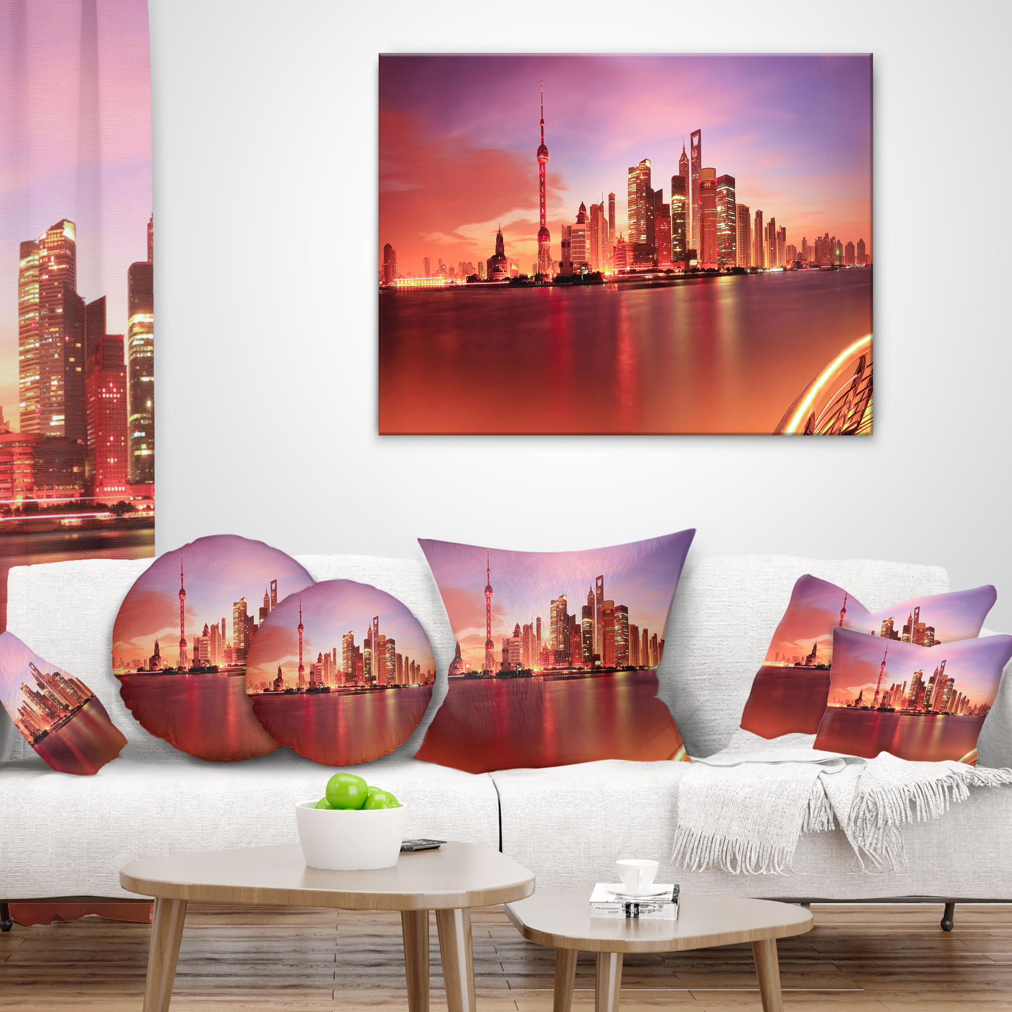 Designart Shanghai Skyline at Dawn Panorama - Cityscape Throw Pillow - 12x20