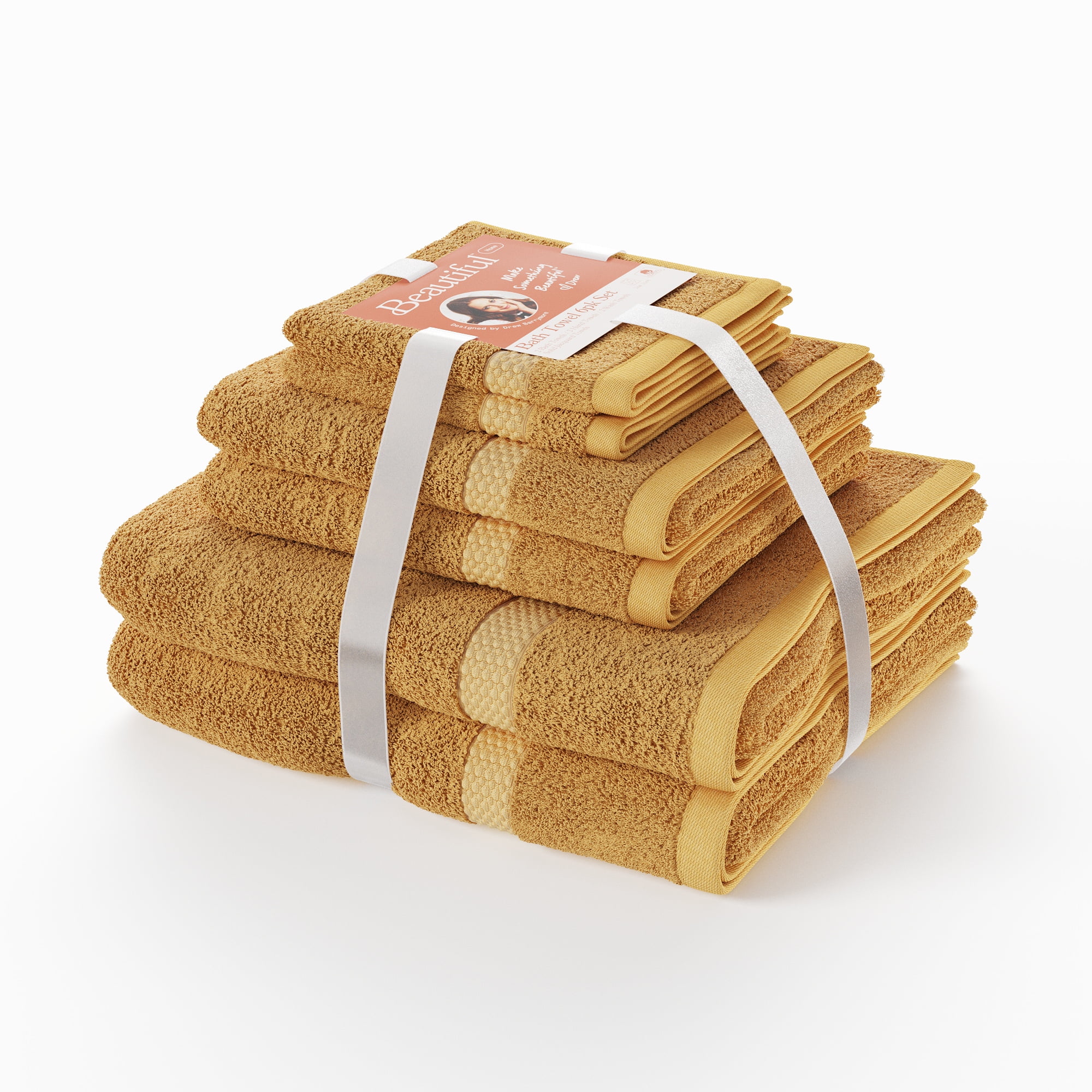 Beautiful by Drew Barrymore 6-Piece Dobby Bath Towel Set, Soft 100% Cotton, Amber Yellow