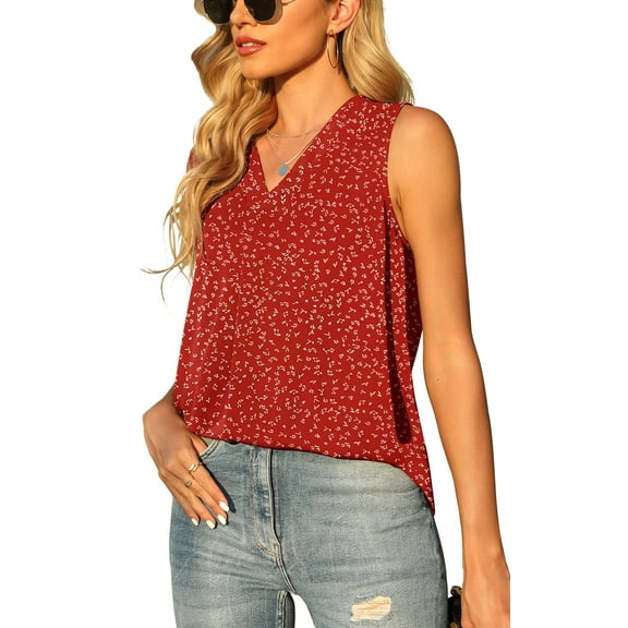 Uvplove Women's Summer Sleeveless Chiffon Tank Tops Loose Casual V Nec Shirt Flower Wine Red S-2XL