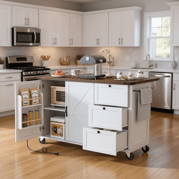 Homy Casa 54.5" Farmhouse Kitchen Island with Drop Leaf, Power Outlets, Barn Doors, 3 Drawers