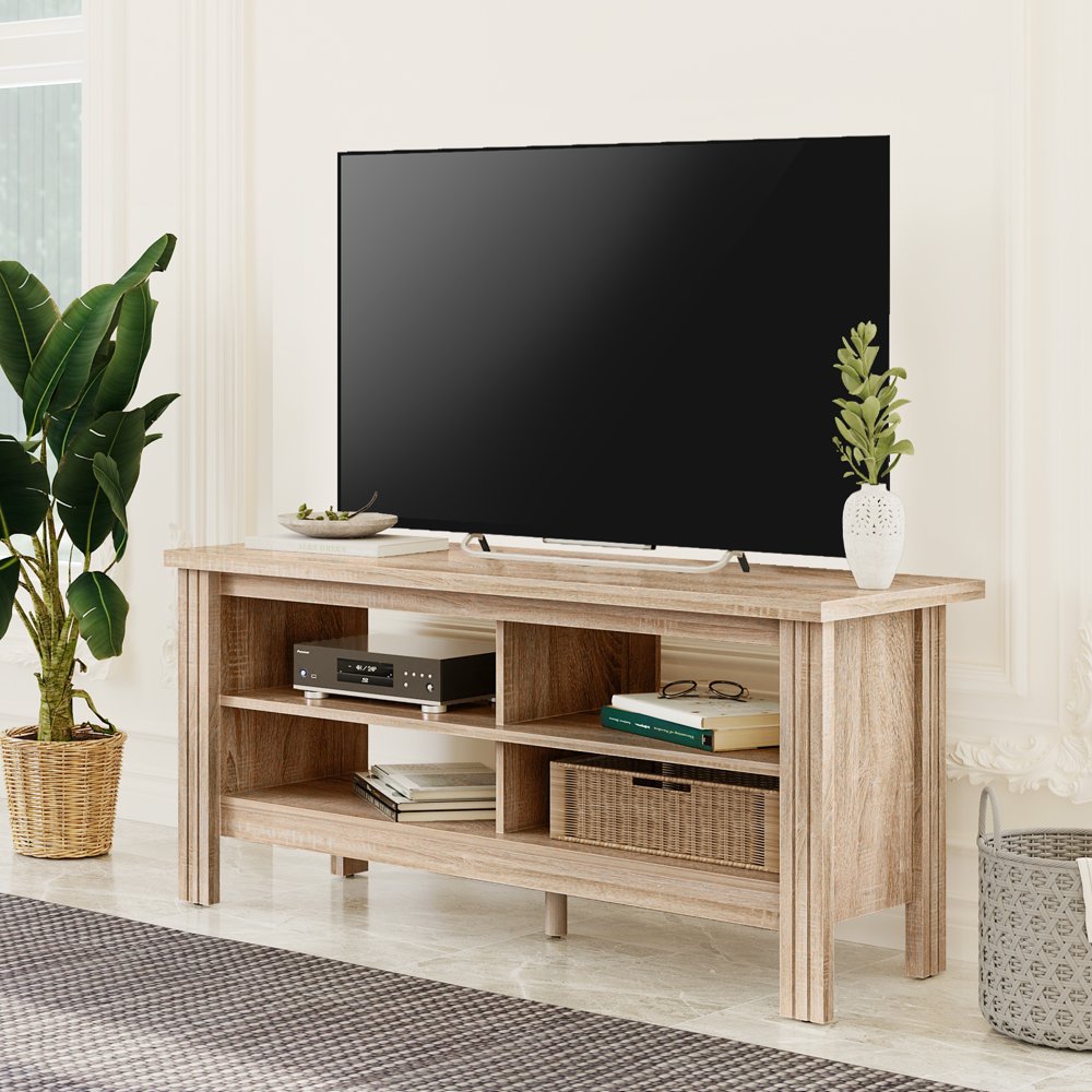Farmhouse Wood TV Stands for 55 inch Flat Screen, Storage Shelves