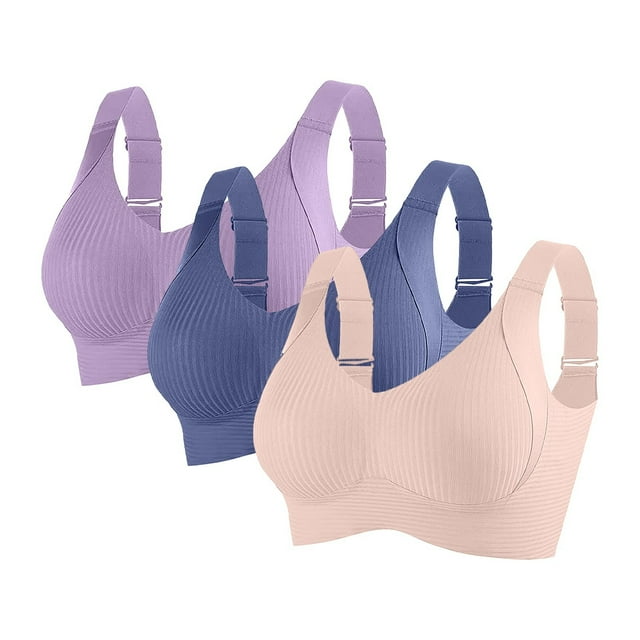 HongQid 3PCS Seamless Push-Up Bra, Women's Ribbed Push Up Adjustable Wireless Bra, Sports Bras