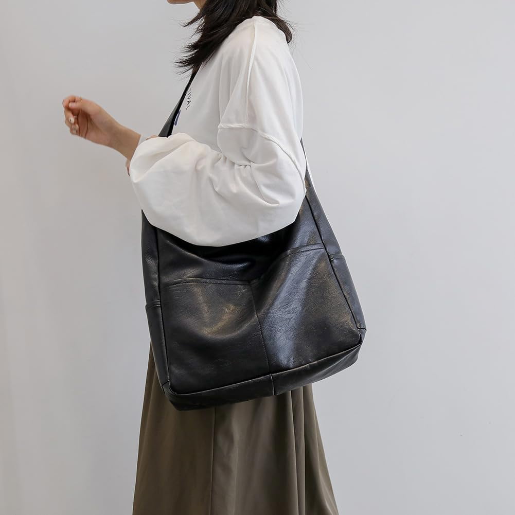 Kukuzhu Faux Leather Tote Bag with Pockets Women Shoulder Bag College Tote Bag Hobo Crossbody Bag for Work Travel