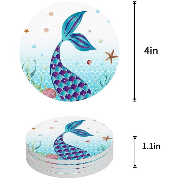 FMSHPON Mermaid Set of 4 Round Coaster for Drinks, Absorbent Ceramic Stone Coasters Cup Mat with Cork Base for Home Kitchen Room Coffee Table Bar Decor
