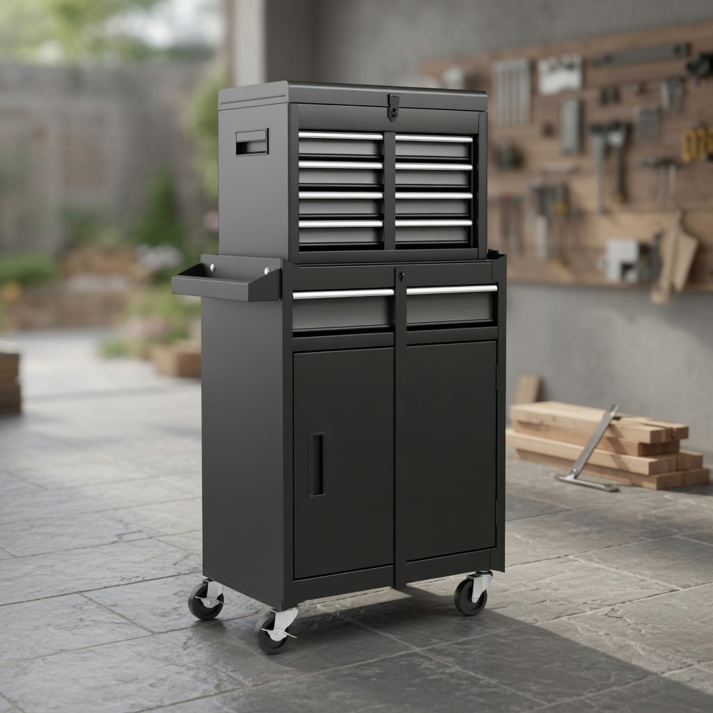 Demi Bonn Heavy-Duty 2-in-1 Steel Tool Chest & Cabinet with 5 Smooth-Glide Drawers 360&deg; Locking Casters Black