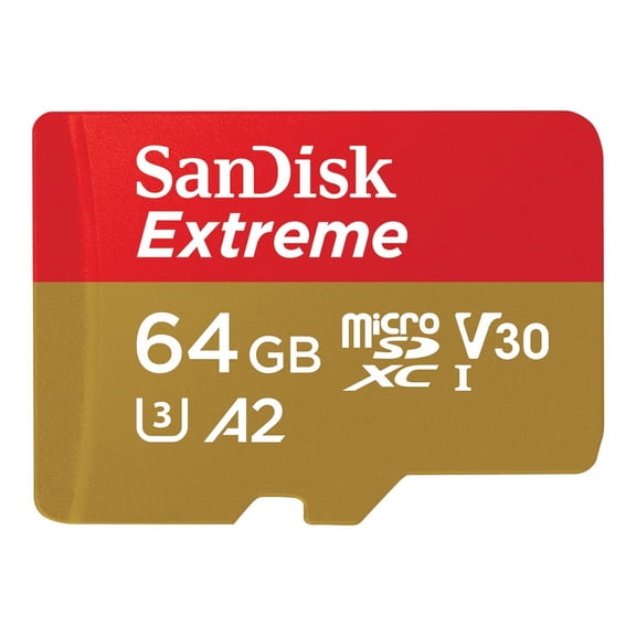 SanDisk Extreme - Flash memory card (microSDXC to SD adapter included) - 64 GB - A2 / Video Class V30 / UHS-I U3 / Class10 - microSDXC UHS-I