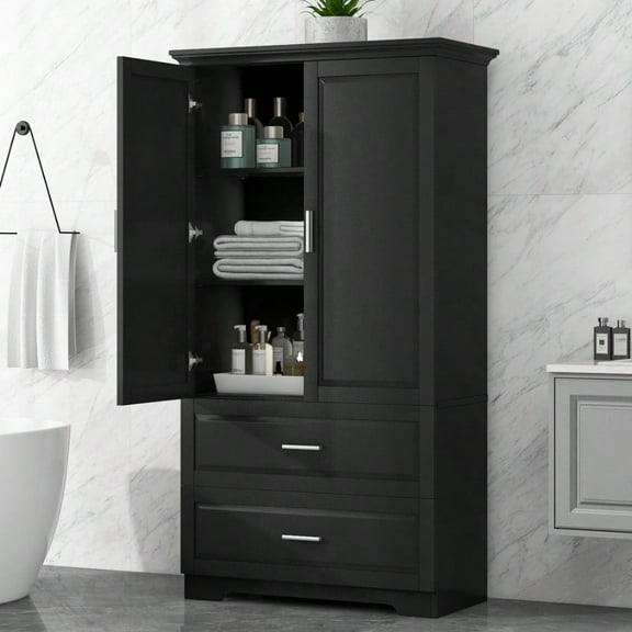 Tall Bathroom Storage Cabinet,Cabinet with Two Doors and Drawers,Adjustable Shelf,MDF Board,Black