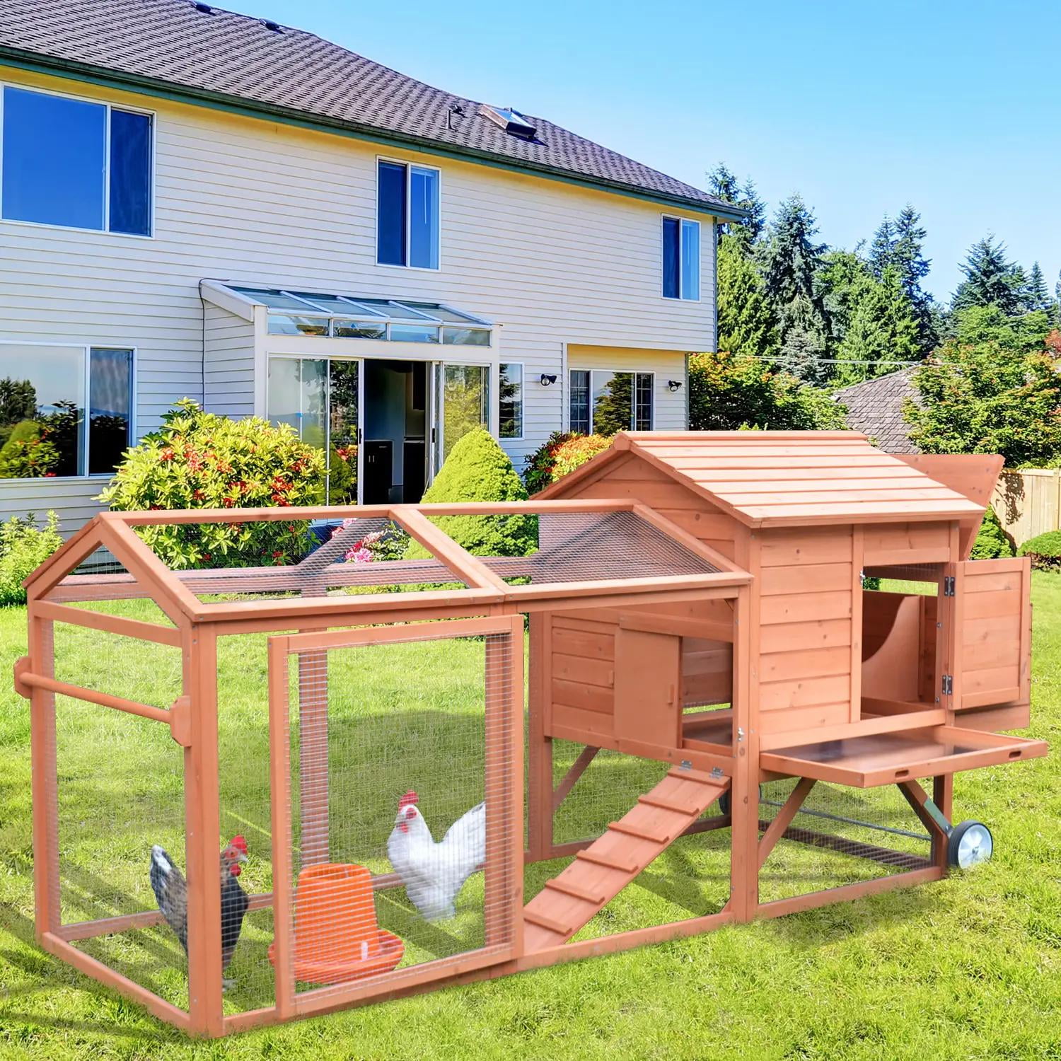 Pefilos 96" Chicken Coop Rabbit Hutch, Outdoor Wooden Poultry Cage Hen House with Nesting Box, Run, Wheels for Garden Backyard, Orange