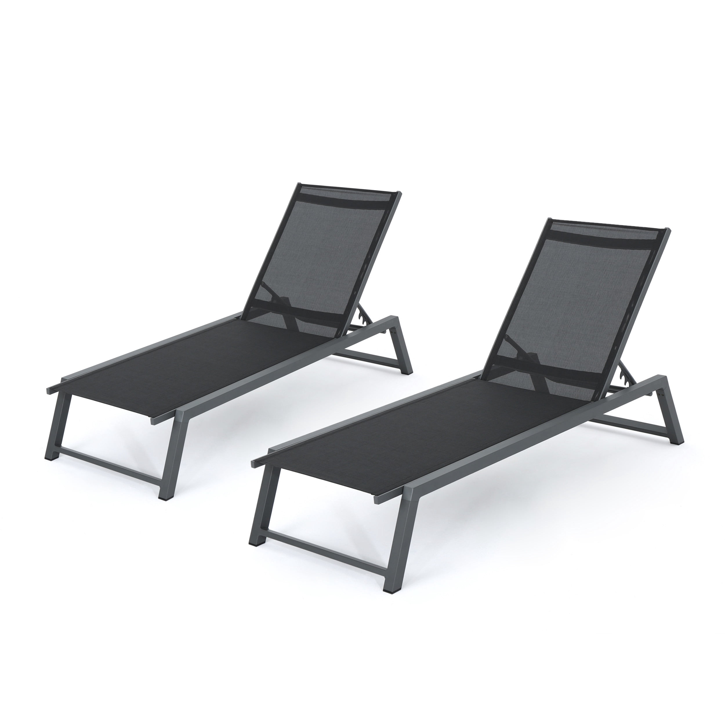 Outdoor Mesh Surface Chaise Lounge Set of 2, Poolside Rest Recliners for Patio Garden, Black