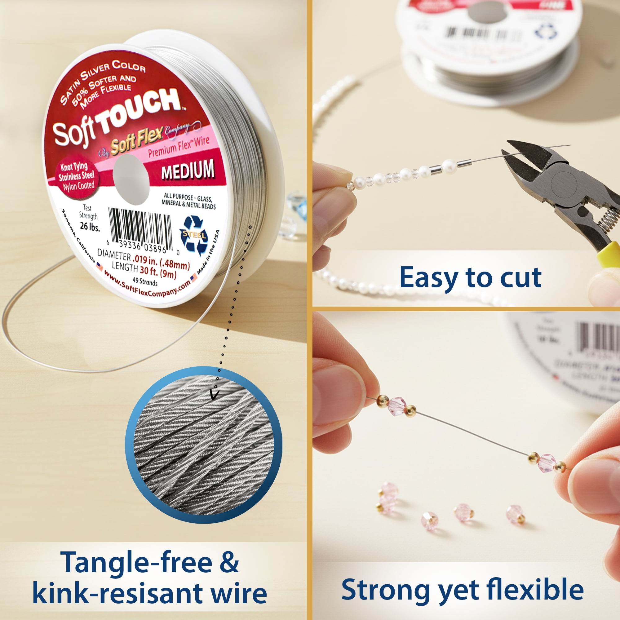 Soft Flex 49-Strand Medium Beading Wire, STW, Satin Silver, 0.019" x 30ft