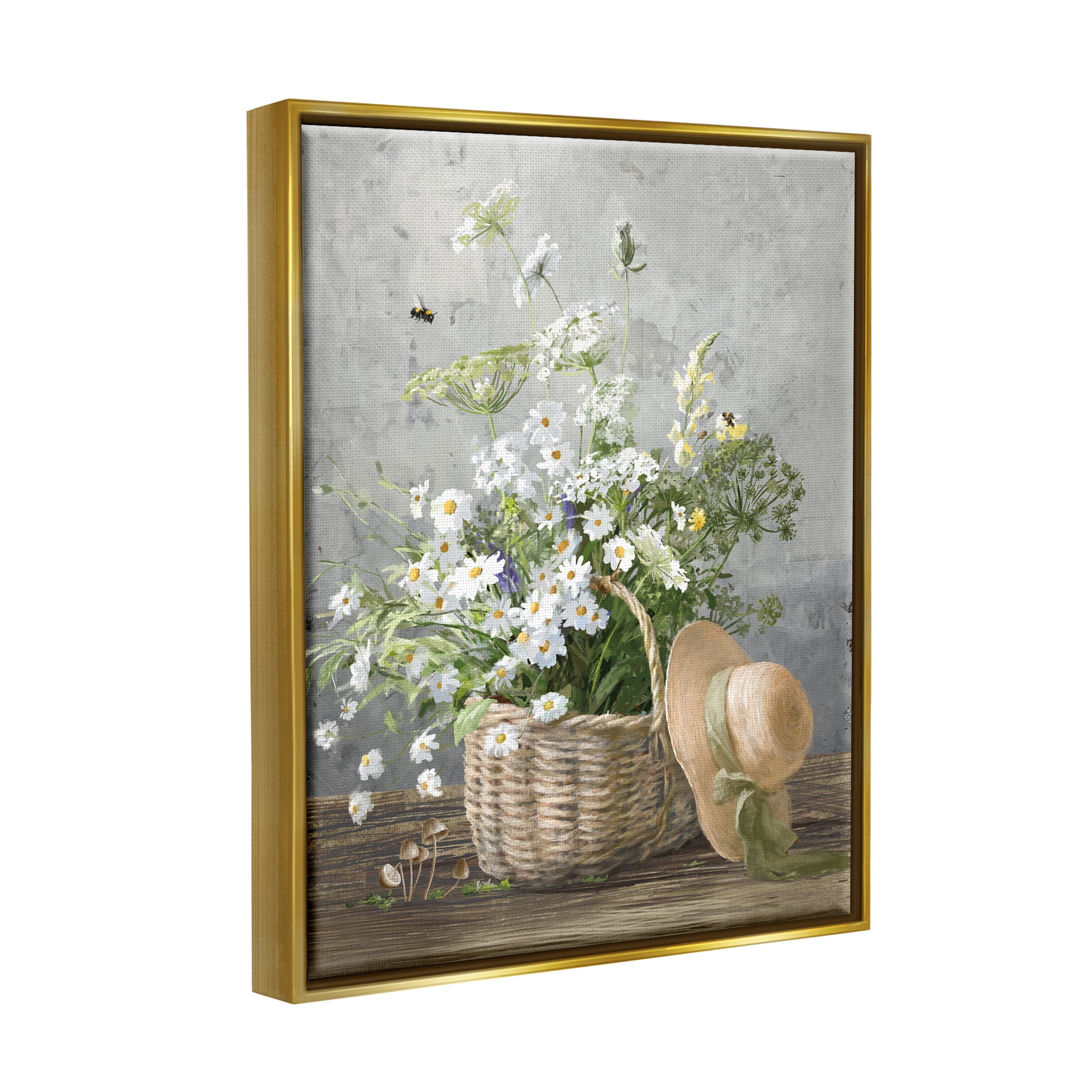 Stupell Industries Country Daisy Basket Botanical & Floral Painting Gold Floater Framed Canvas Art Print Wall Art, 17 x 21