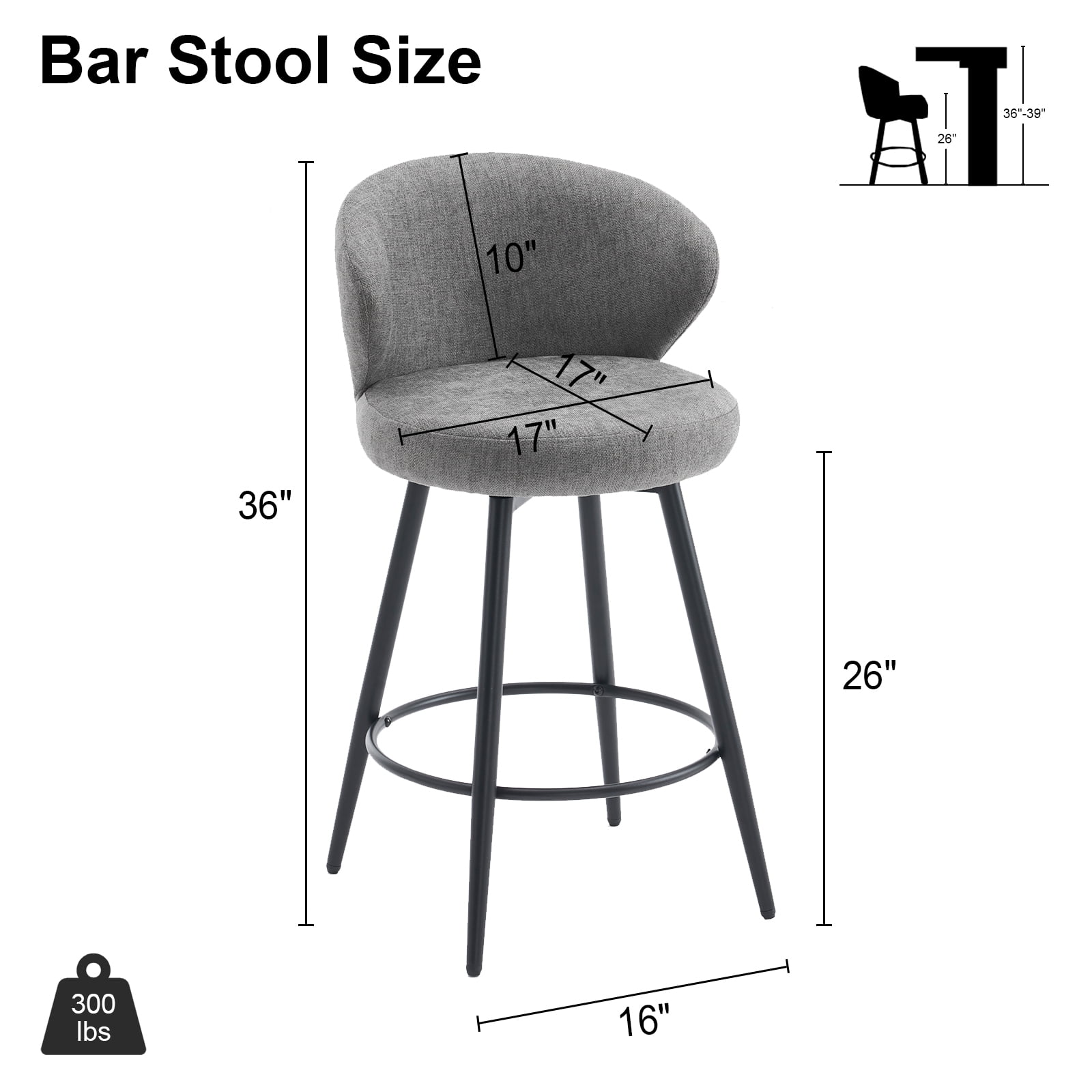 Rongbuk 360° Swivel Modern Bar Stool Set of 2, 26" Upholstered Counter Height Bar Stools with Wingback, Soft Linen Fabric, Counter Chairs with Arm for Kitchen Island or Home Bar, Grey