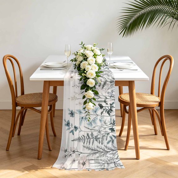 Vintage Floral Leaves Chiffon Wedding Table Runner 120 Inches Long, Summer Botanical Voile Sheer Tulle Runner for Rustic Reception Bridal Shower Decorations Birthday Party
