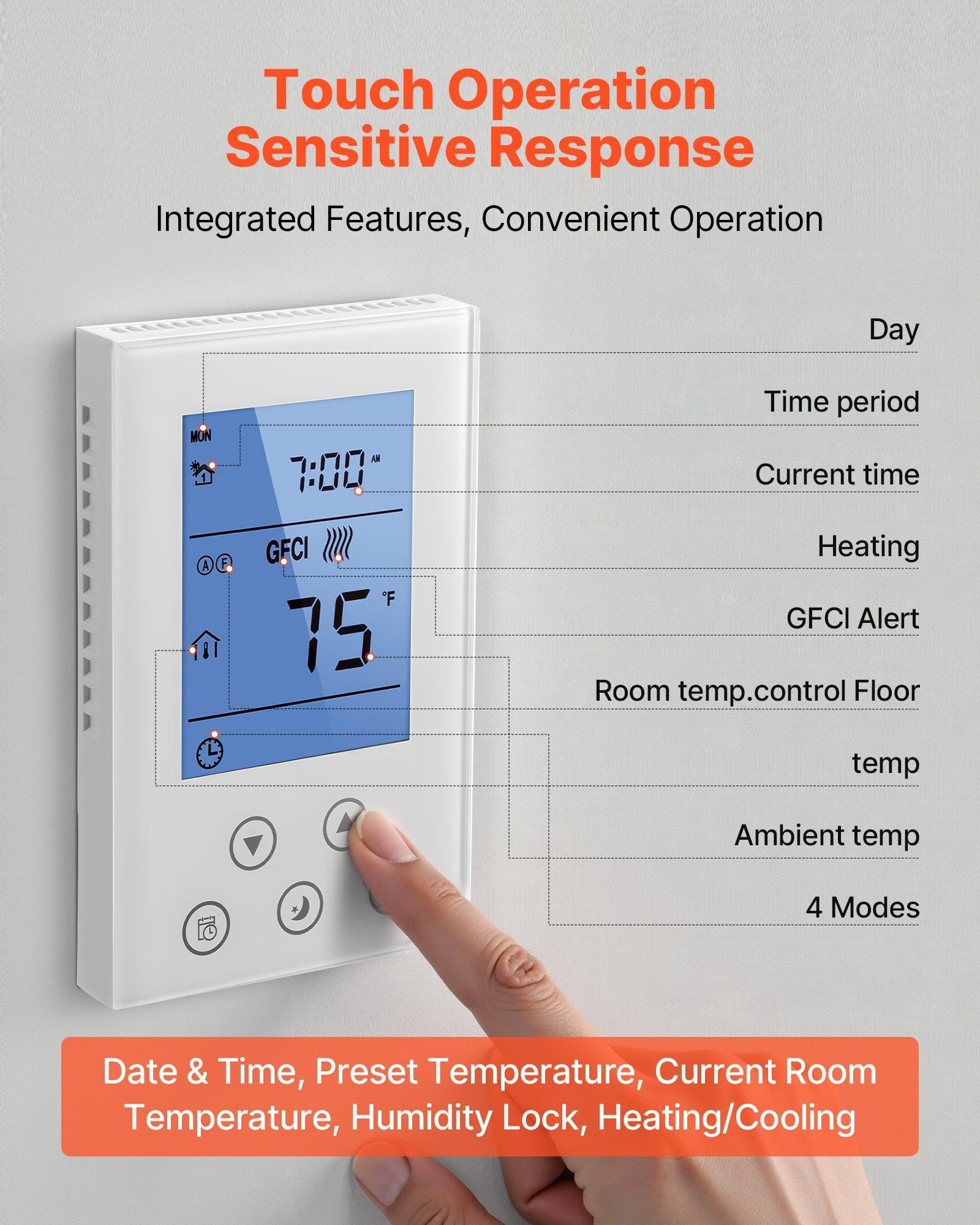7 Day Programmable Thermostat for Underfloor Heating and Heat Pump, Digital Wall Thermostat with Backlit Display, Temperature Sensor, Energy-Saving Scheduling, White, 120V/240V Compatible