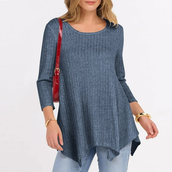 YODETEY Women's Knit Sweaters, Long Sleeve Scoop Neck Casual Lightweight Pullover Loose Sweaters, Tunic Tops Plus for Womens,Blue,L