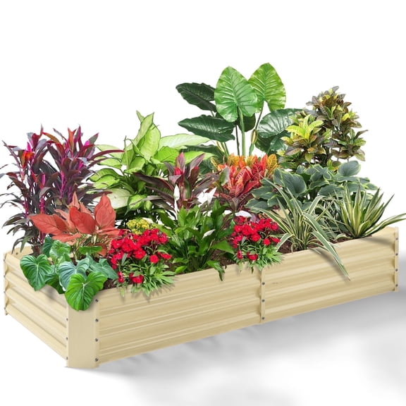 Land Guard 8×4×1ft Rectangle Galvanized Metal Raised Garden Bed, Metal Planter Kit Box Outdoor for Deep-Rooted Vegetables, Flowers, Green and Herbs, Cream Yellow