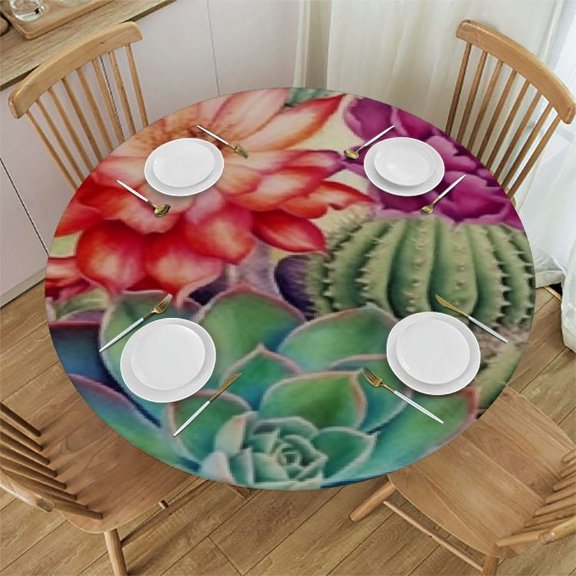 Style Round Tablecloth, Succulents Plant Table Cover Elastic Edged, Country Retro Cloth Mat