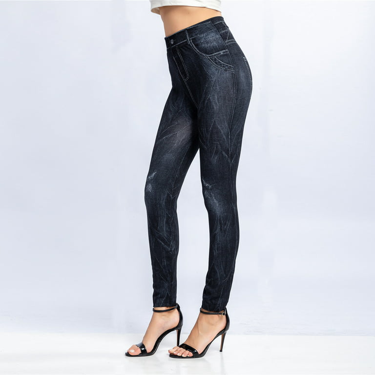 Uorcsa Personality High Waist Fashion Hip Lift Elastic Imitation Denim Slim  Womens Pants Black 