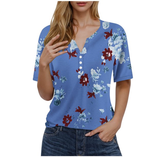 Blusas de Manga Corta para las Mujeres Impresas Cuello Redondo Casual Top, Blusa de Algodón de Imitación para el Hogar Y Diario