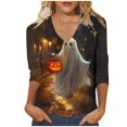 thumbnail image 2 of Women's Cute Ghost Print Blouses 3/4 Sleeve V Neck Halloween Tops Lantern Graphic Fall Shirts Casual Loose Fit Pullovers for ing Events, 2 of 5