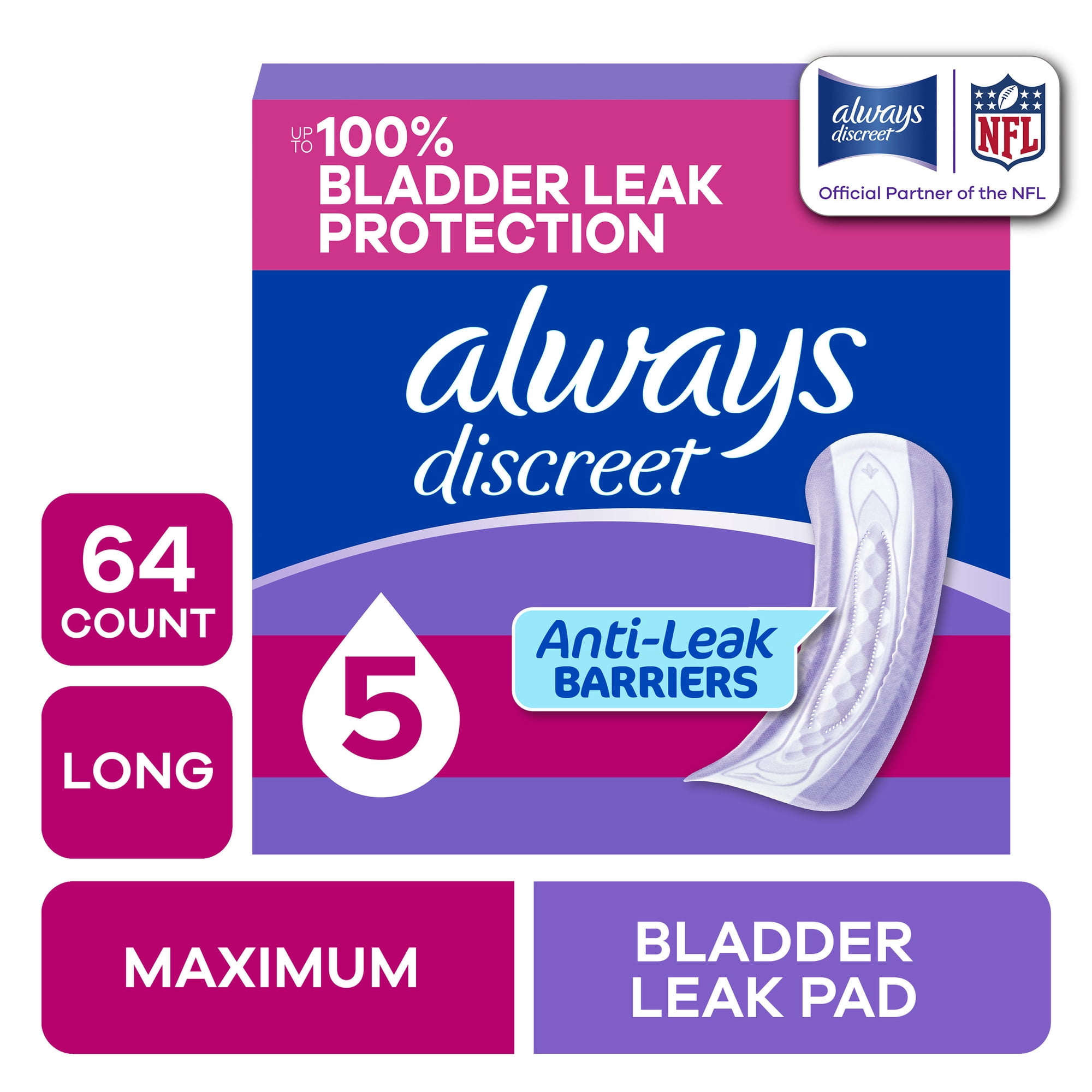 Always Discreet Incontinence Pads for Women, Maximum Absorbency, Long Length, Postpartum Pads, 64 Count